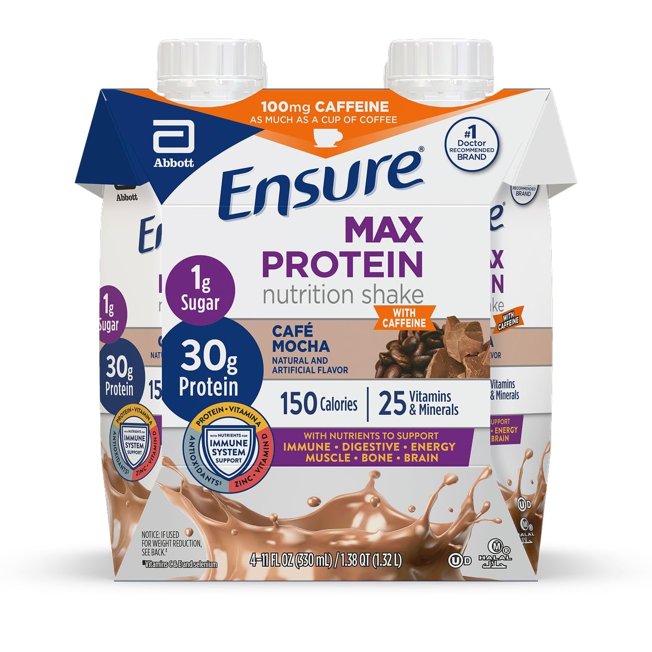 Ensure Max Protein Shake | Cafe Mocha | Ready To Drink | 30G Protein For Muscle Health | 1G Sugar  4G Fiber | 11 Fl Oz  4 Pack