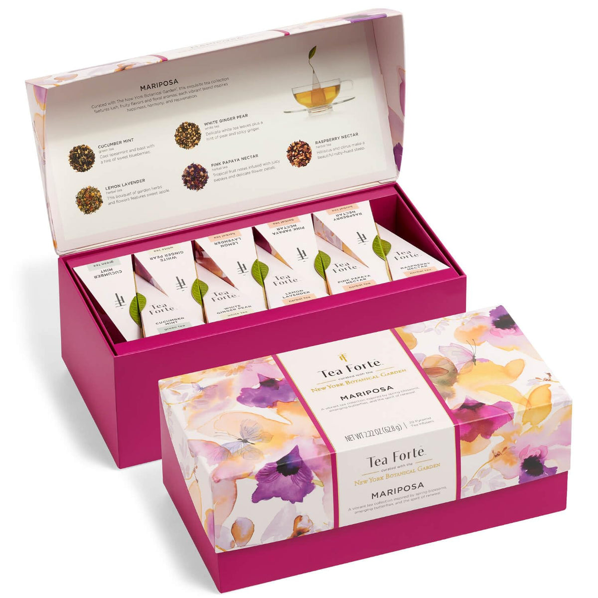 Tea Forte Mariposa Tea Sampler With 20 Pyramid Tea Infuser Bags - Fruit, Herb And Flower Tea - Presentation Box Assorted Variety Tea Gift Set
