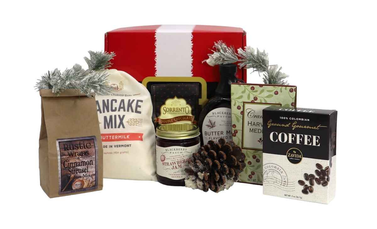 Gift Basket Village North Pole Nibbles Gift Box - 9 Piece Set with Assorted Baking Mixes, Dried Fruits, Coffees, Jam & Syrup