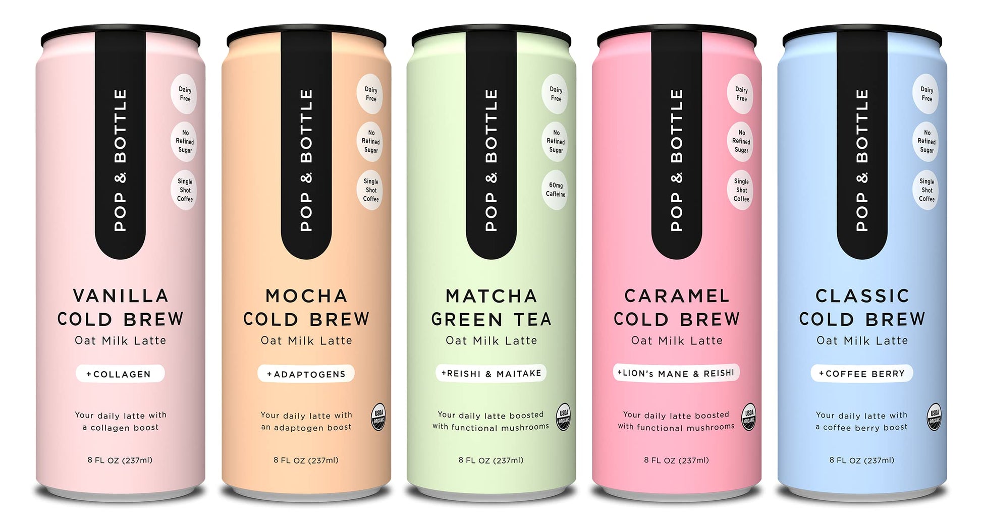 Pop & Bottle, Oat Milk Lattes - Maca, Antioxidants, Ashwagandha, Mct Oil, Collagen, Mushrooms, Organic, Dairy & Gluten Free, Gre