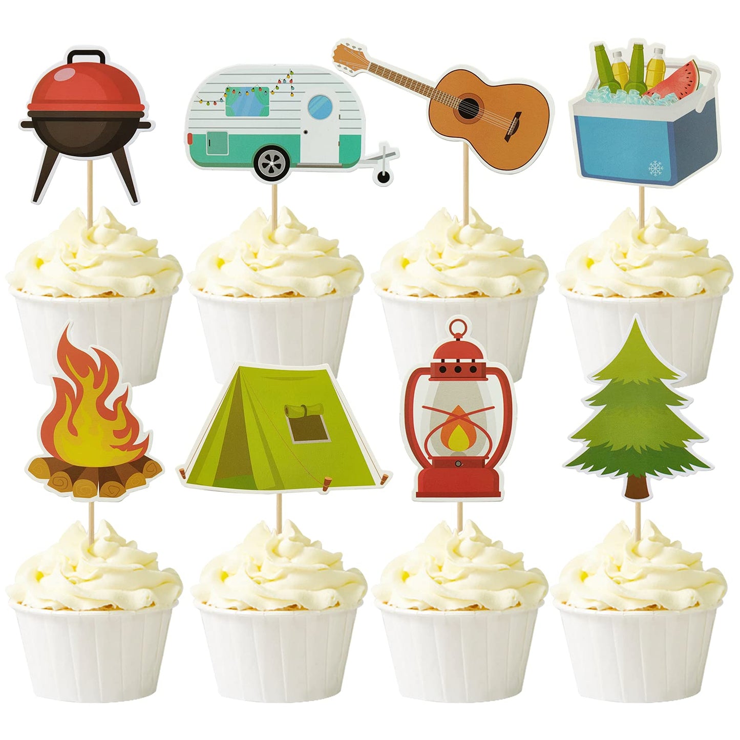 Mulukaya 24Pcs Camping Cupcake Toppers - Tent, Bonfire, Guitar - Birthday Party Cake Decoration Supplies
