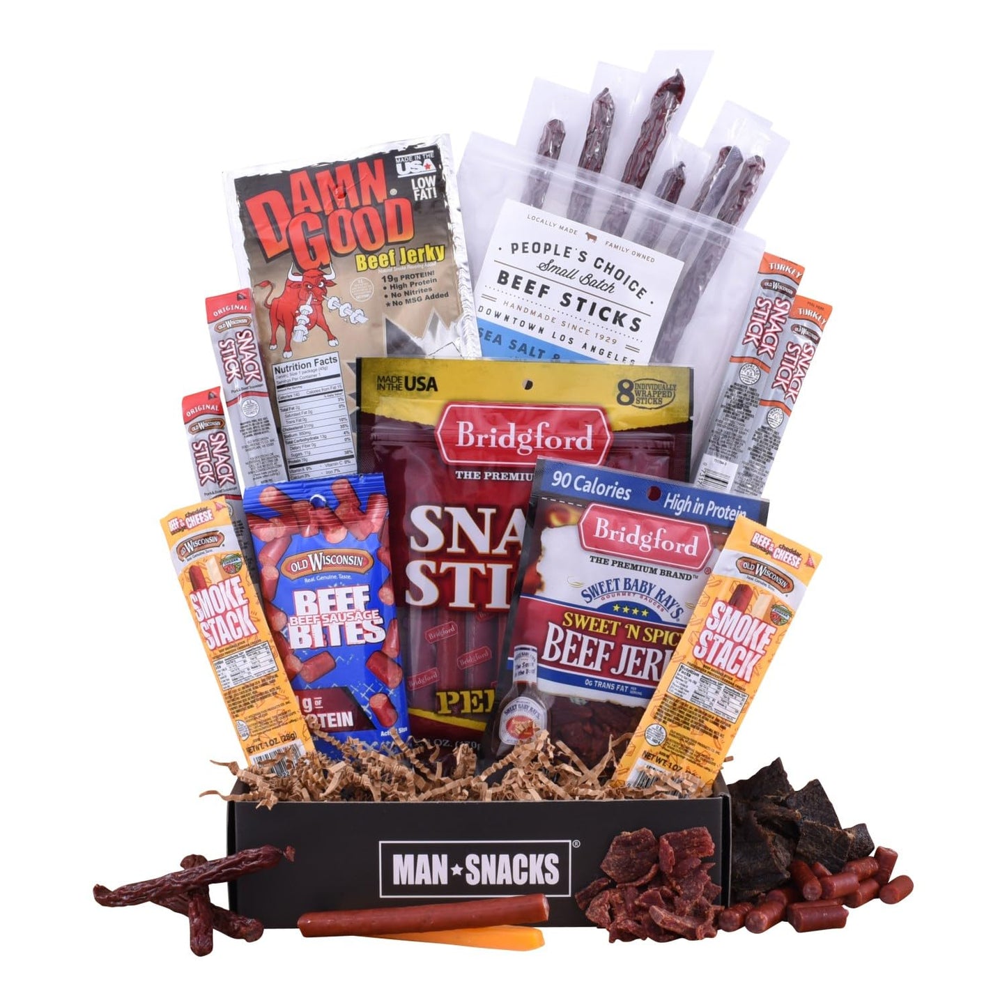 ManSnacks Jerky Gift Basket - 29 pc Beef Jerky, Jerky Bites, Beef Sticks, Pepperoni & Cheese Sticks in Manly Gift Box