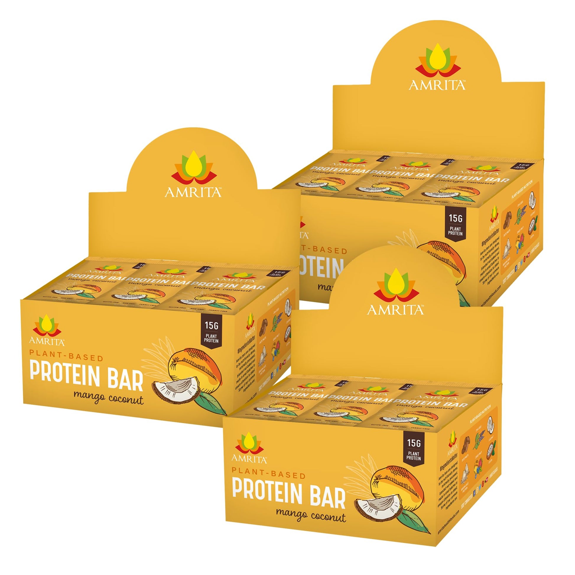 Amrita Mango Coconut Vegan Protein Bars, 15g Plant-Based Protein, Gluten-Free, 12 Count (Pack of 3)