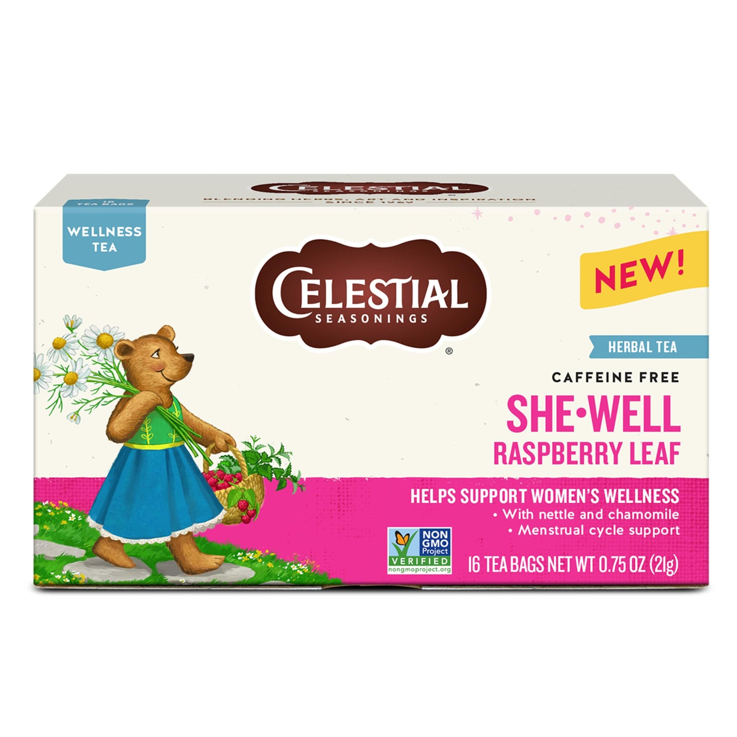 Celestial Seasonings SheWell Raspberry Leaf Wellness Tea  Caffeine Free  16 Tea Bags Box