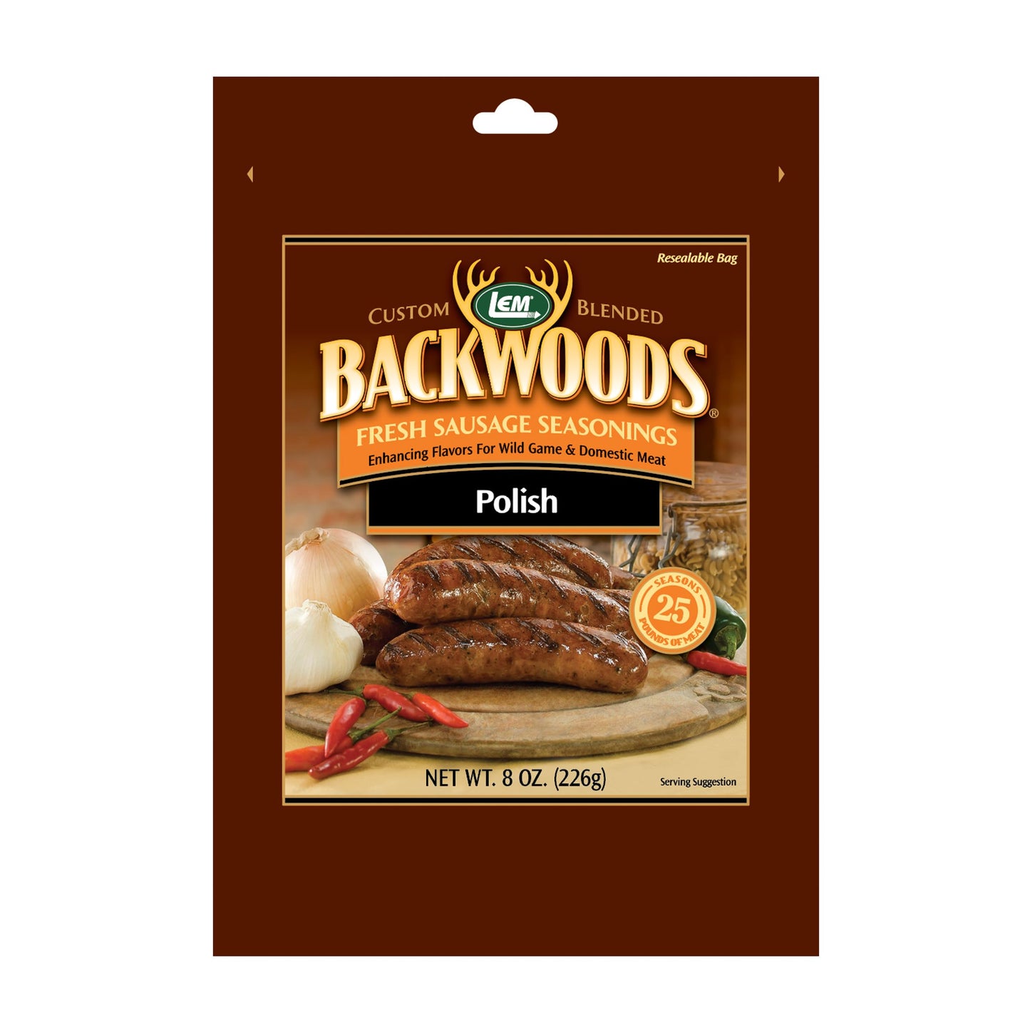 LEM Products Backwoods Polish Fresh Sausage Seasoning, Ideal for Wild Game and Domestic Meat, Seasons Up to 25 Pounds of Meat, 8 Ounce Packet