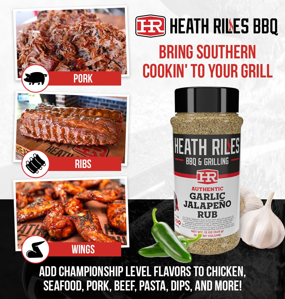 Heath Riles BBQ Rub - Garlic Jalapeño Seasoning, 12 oz, Model HRGJR, Champion Recipe for smoky aroma & Grilling