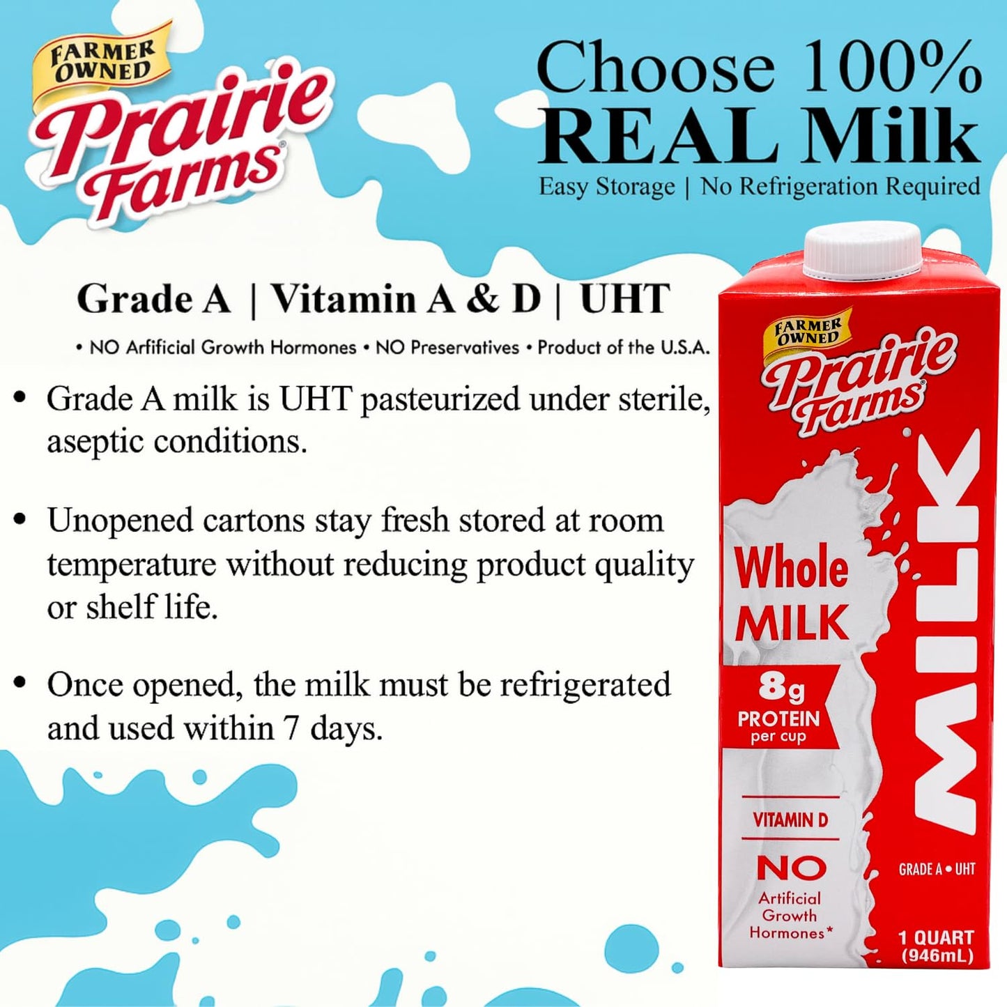 Prairie Farms Whole Milk - UHT Ultra Pasteurized, Preservative Free - 32 Fl Oz (1 Quart) - Gluten Free, Made in USA