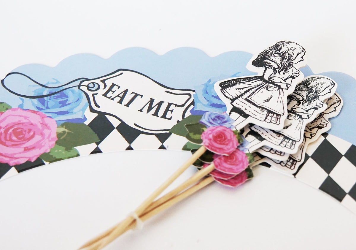 24 Vintage Alice in Wonderland Cupcake Toppers and Wrappers Set - Whimsical Party Picks and wraps for Tea Parties, Birthdays, an