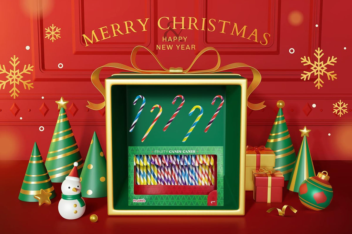 Fruidles Christmas Candy Canes Suckers, Multicolored Rainbow Fruity Flavor, 96-Pack