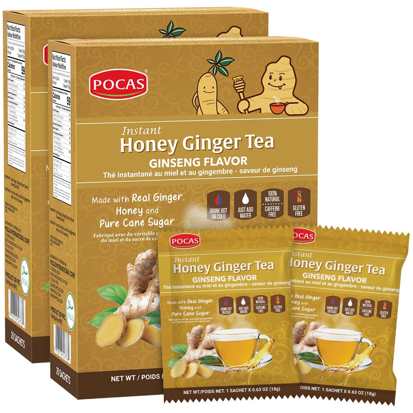 Pocas Honey Ginger Instant Tea Powder, Ginseng Flavor, Caffeine-Free, 20 Count (Pack of 2)