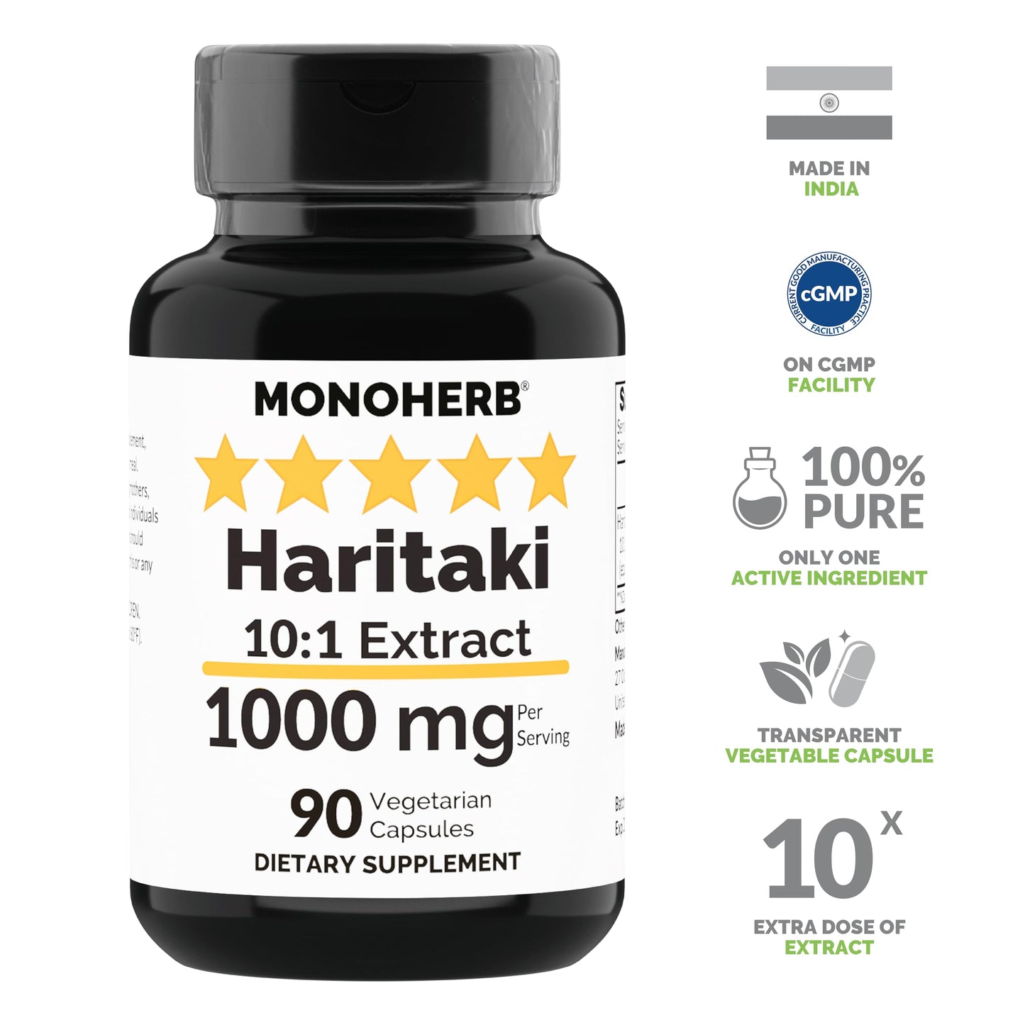 MONOHERB Haritaki Extract - 1000 mg, 90 Vegetarian compact pieces, 90 Count