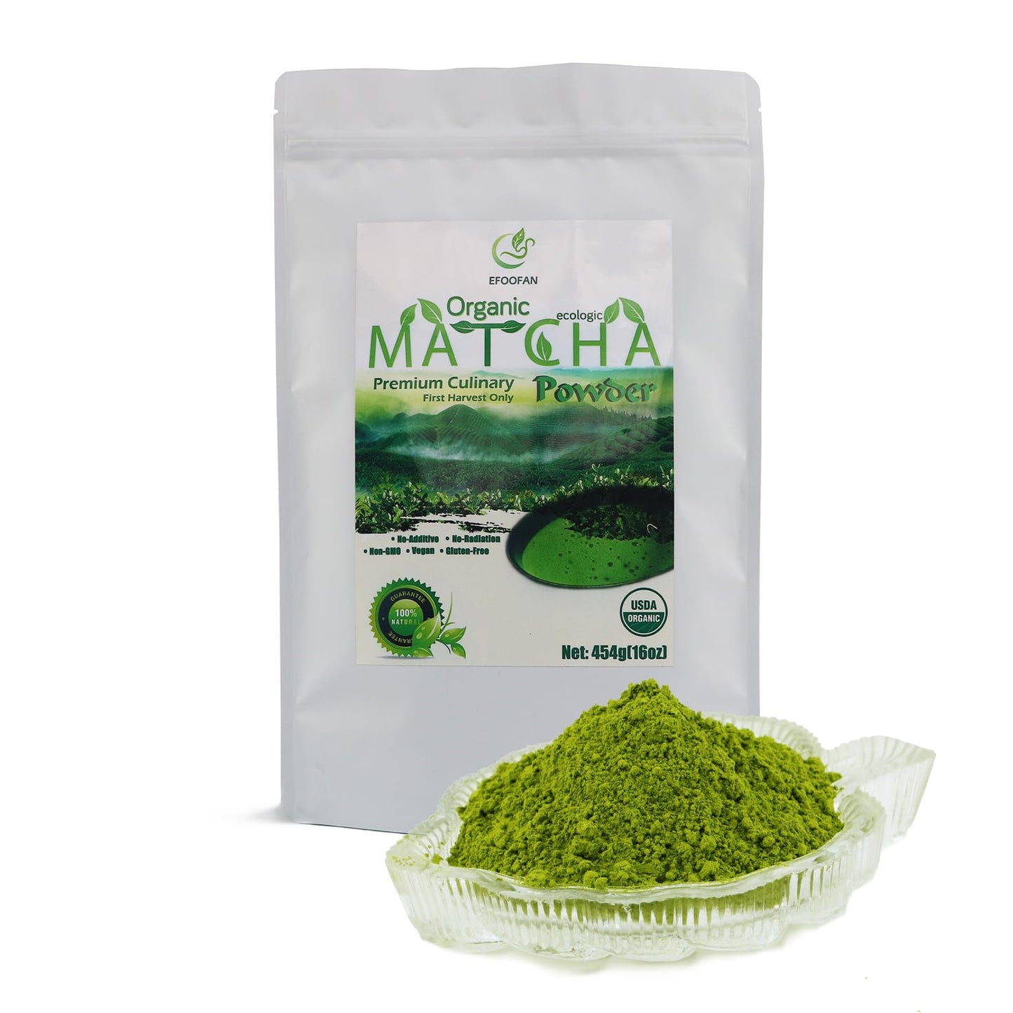 EFOOFAN Organic Matcha Green Tea Powder - Culinary Grade, Non-GMO, Gluten Free, 16oz