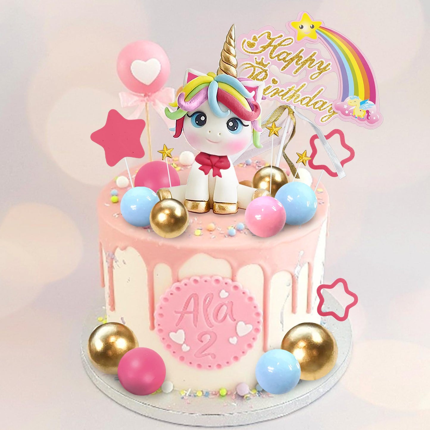 29 Pcs Unicorn Cake Topper, Unicorn Rainbow Cake Decorations With Rainbow Stars Unicorn Balls Happy Birthday Cake Decorations Fo