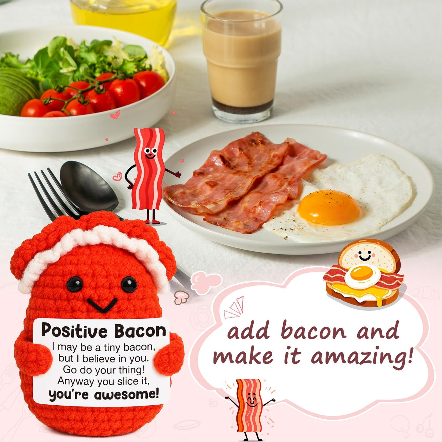 Mini Inspirational Positive Bacon Handmade Crochet Bacon For Women Foodies Breakfast Lovers Fun Encouragement Gift For Friends Coworkers Small White Elephant Christmas Birthday Gifts Motivation Decor