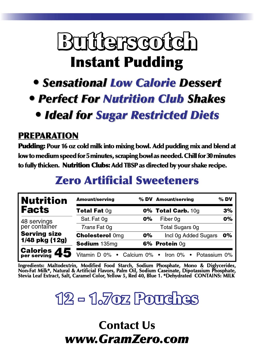 Gramzero Butterscotch Sugar Free Pudding Mix 12-Pack, Great For Nutrition Club Meal Replacement Shakes, Low Calorie Dessert, Ste
