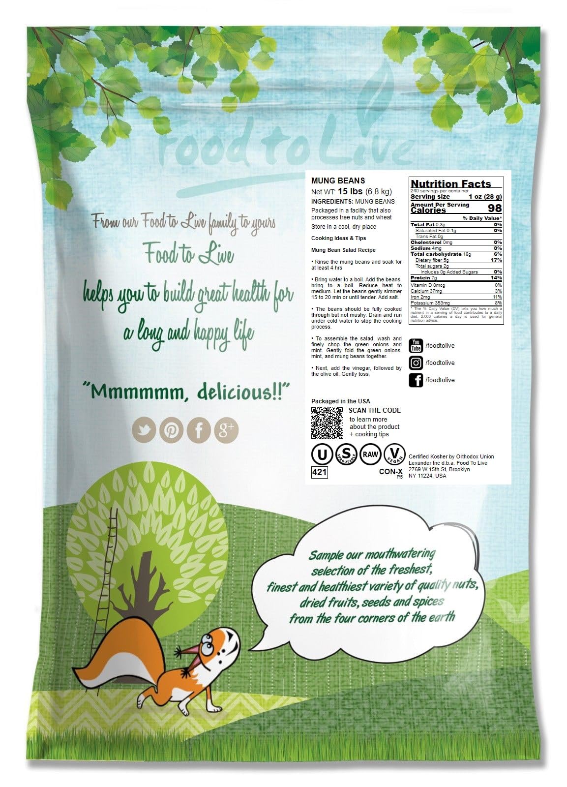 Food To Live - Mung Beans, 15 Pounds Whole, Dried, Raw Moong, Kosher, Vegan, Sirtfood, Bulk Green Gram, Low Sodium, Good Source