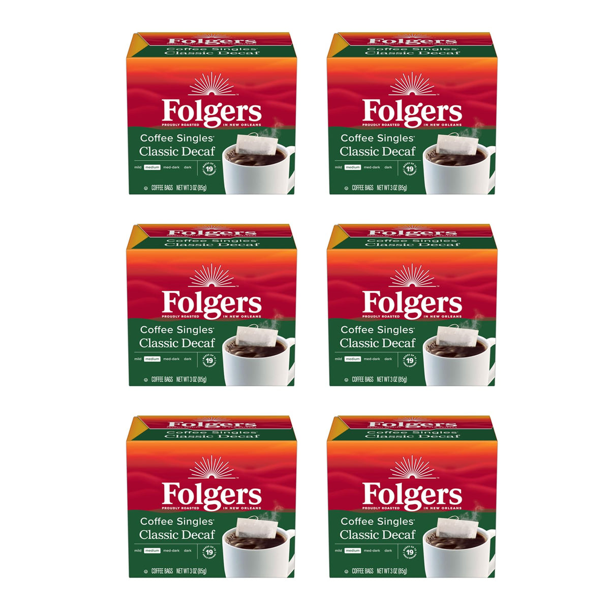 Folgers Coffee Singles Medium Roast Decaf Coffee Bags, 19 Count (Pack Of 6)