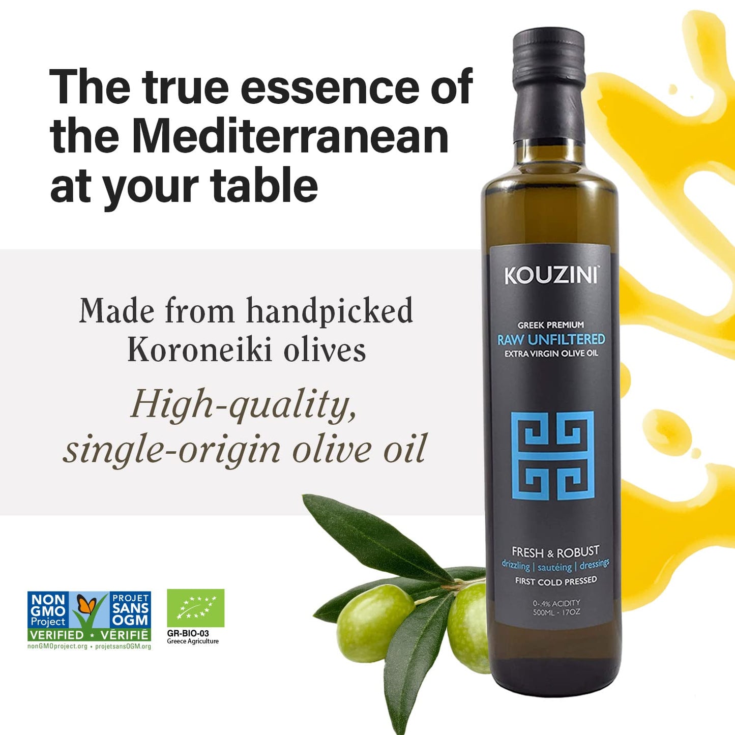 Kouzini Unfiltered Raw Extra Virgin Greek Olive Oil, Greek Extra Virgin Cold Pressed Olive Oil, Single Origin, High Polyphenols,