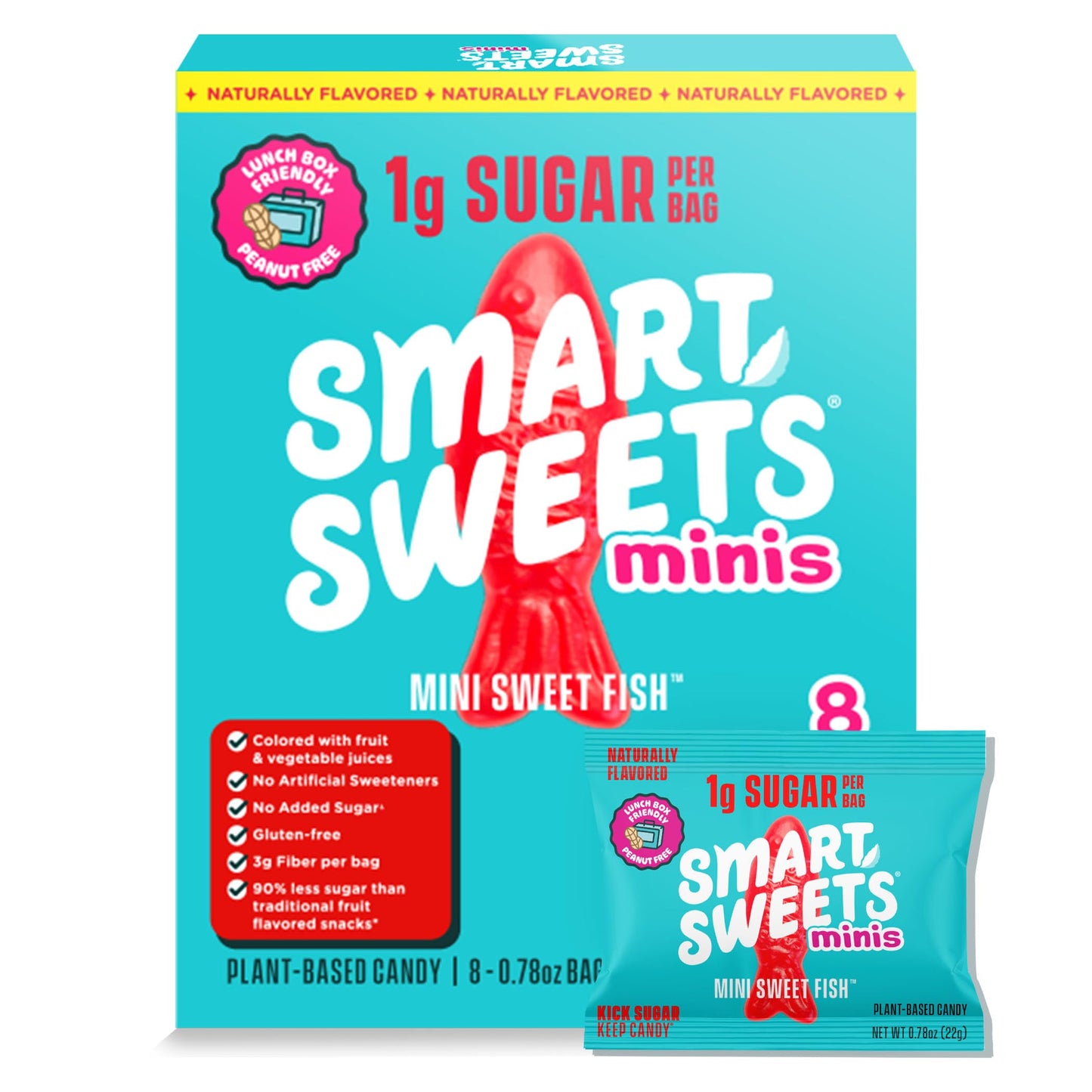 SmartSweets Sweet Fish Minis Snack Pack | 0.78 oz (Pack of 8) | Low Sugar and Calorie Sweet Gummy Candy | Healthy Snacks for Kid