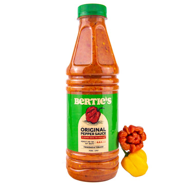 Berties Original Pepper Sauce - Trinidad Moruga & Scotch Bonnet Peppers - 26 Oz (750ml) - Great Flavor and Heat