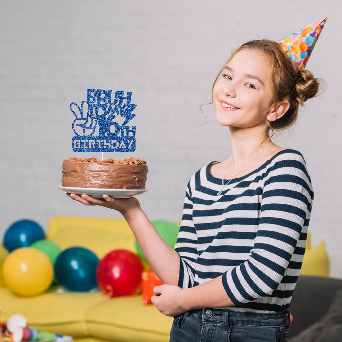 Embhhor Bruh It'S My 16Th Birthday Cake Topper, Bro I'M 16, Teen Boys Happy 16 Birthday Party Cake Decorations Favor, Blue Glitt