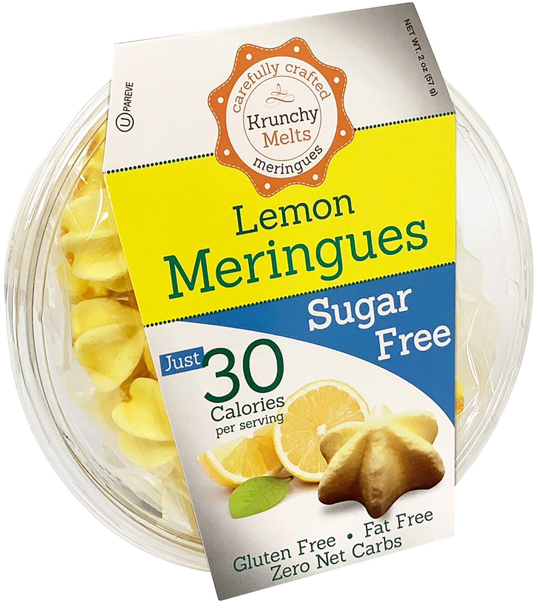 Krunchy Melts Sugar Free Meringue Cookies, Lemon Flavor, 2 Oz, Gluten Free, Zero Net Carbs, Low Calorie Snack, Kosher Pareve