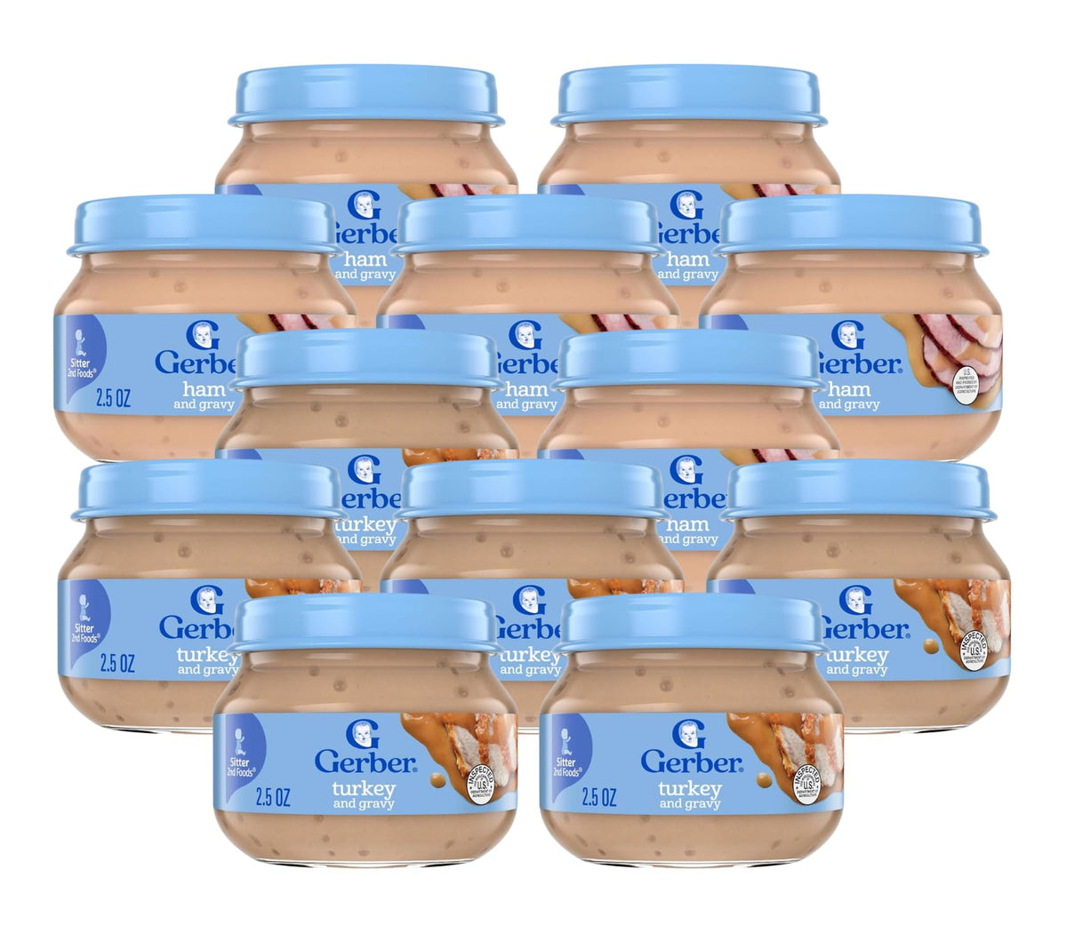 Gerber 2Nd Foods Mealtime For Baby Pureed Baby Food Jar Variety Pack, 6 Ham & Gravy Jars, 6 Turkey & Gravy Jars, 2.5 Ounce Jars 
