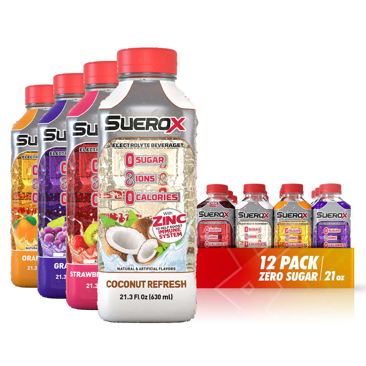 SueroX Sugar-Free Sports Drink, Electrolyte Hydration with 8 Ions, 12 Pack, 21.3 Fl Oz Each, Tropical Flavor