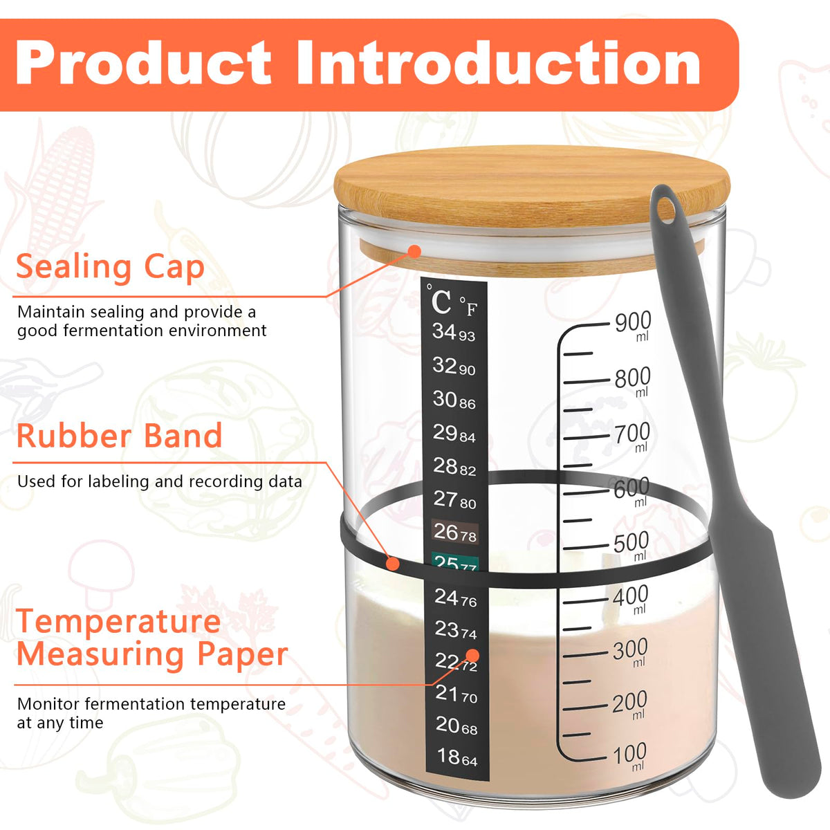 OKYMOTOR Sourdough Bread Starter Kit with 34 oz Jar, Thermometer Strips, and Breathable Covers - Brown