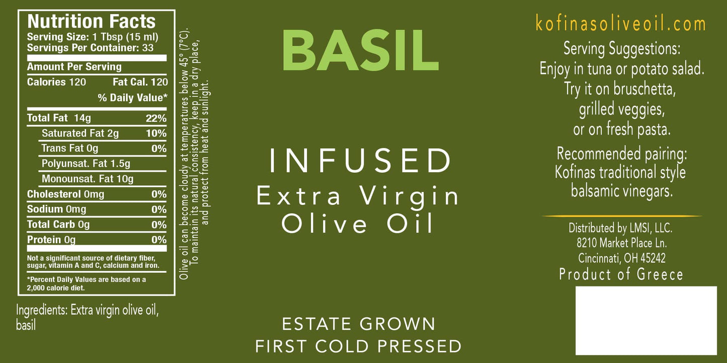 Mt. Kofinas Basil Infused Extra Virgin Olive Oil 500ml - Egyptian & Sweet Basil Flavored, Green