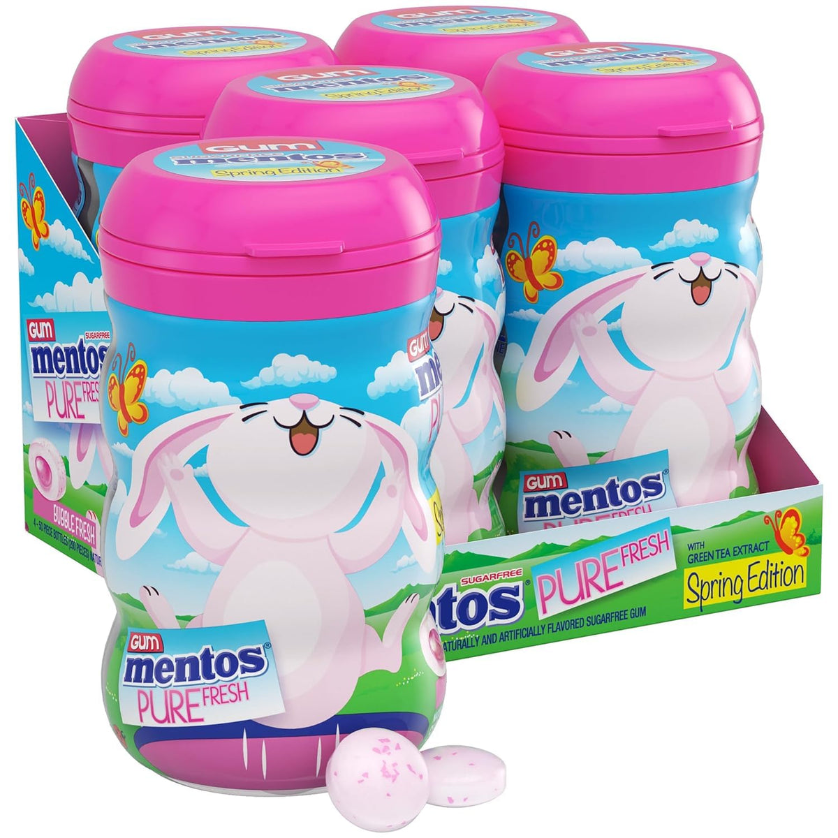 Mentos Pure Fresh Spring Edition Sugar-Free Chewing Gum with Xylitol, Bubble Fresh Flavor, Easter, Bunny Bottle, 50 Piece Bottle