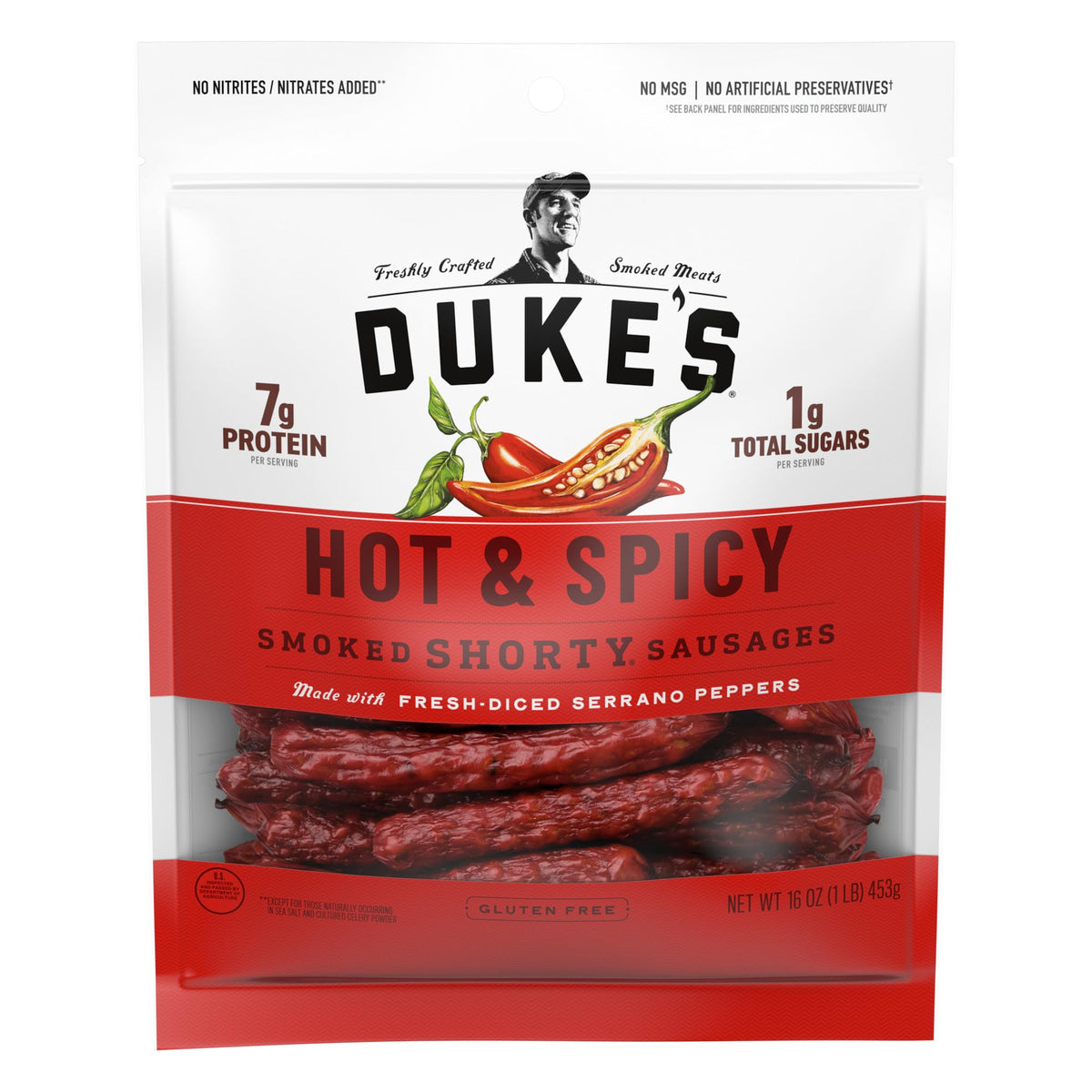 DUKES Pork Hot & Spicy Smoked Shorty Sausages, 7g Protein, 16 oz.
