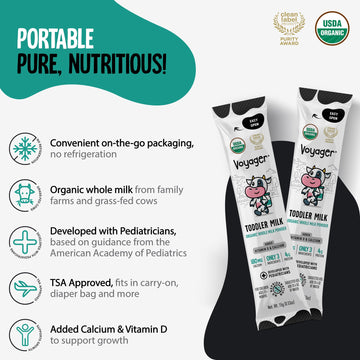 Voyager Toddler Milk On The Go, USDA Organic Shelf Stable Whole Milk Powder, Great for Travel, No Refrigeration, Gluten Free wit