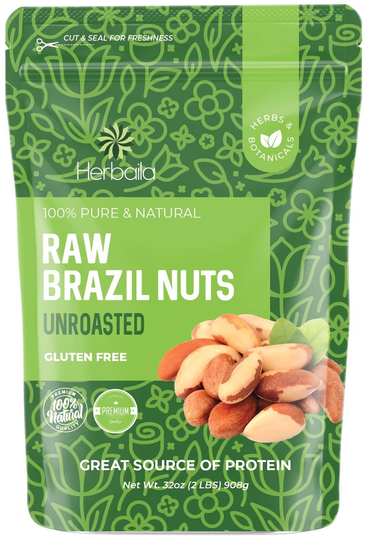Herbaila Raw Brazil Nuts, Unsalted & Shelled, 32 oz. (2 lb), Non-GMO, Vegan