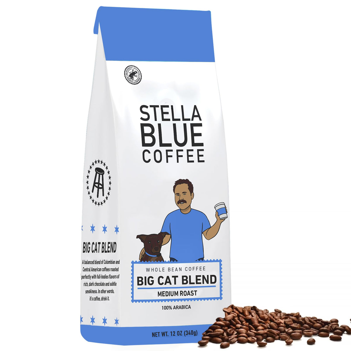 Stella Blue Fresh Whole Bean Coffee - Big Cat Blend - 100% Arabica Medium Roast - Ethically & Sustainably Sourced From Central A