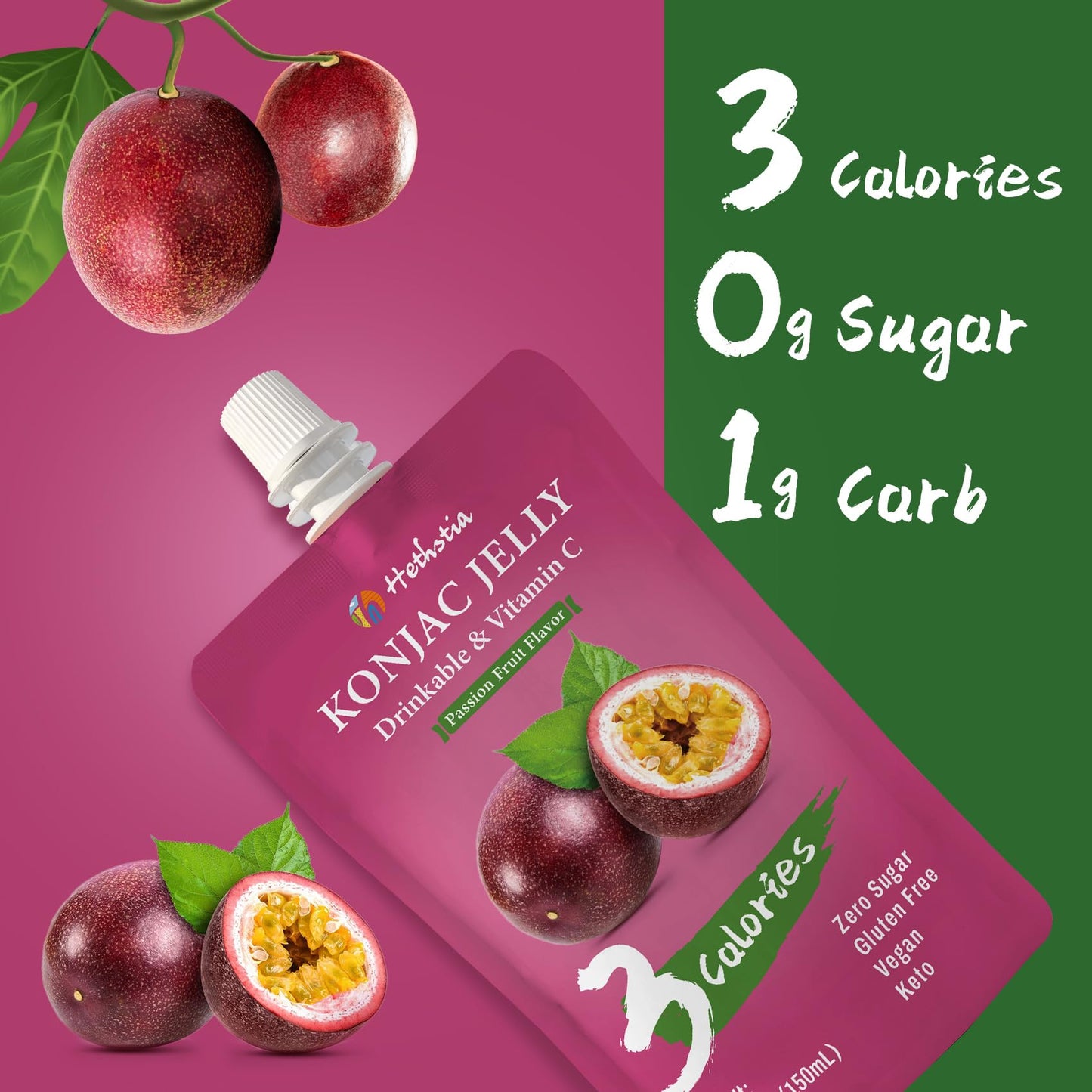 Hethstia Konjac Jelly Drinkable Squeeze Pouch Passion Fruit Flavor, 3 Calories, 10 Packs, 0 Sugar, Vegan, Gluten Free, Keto, Vit