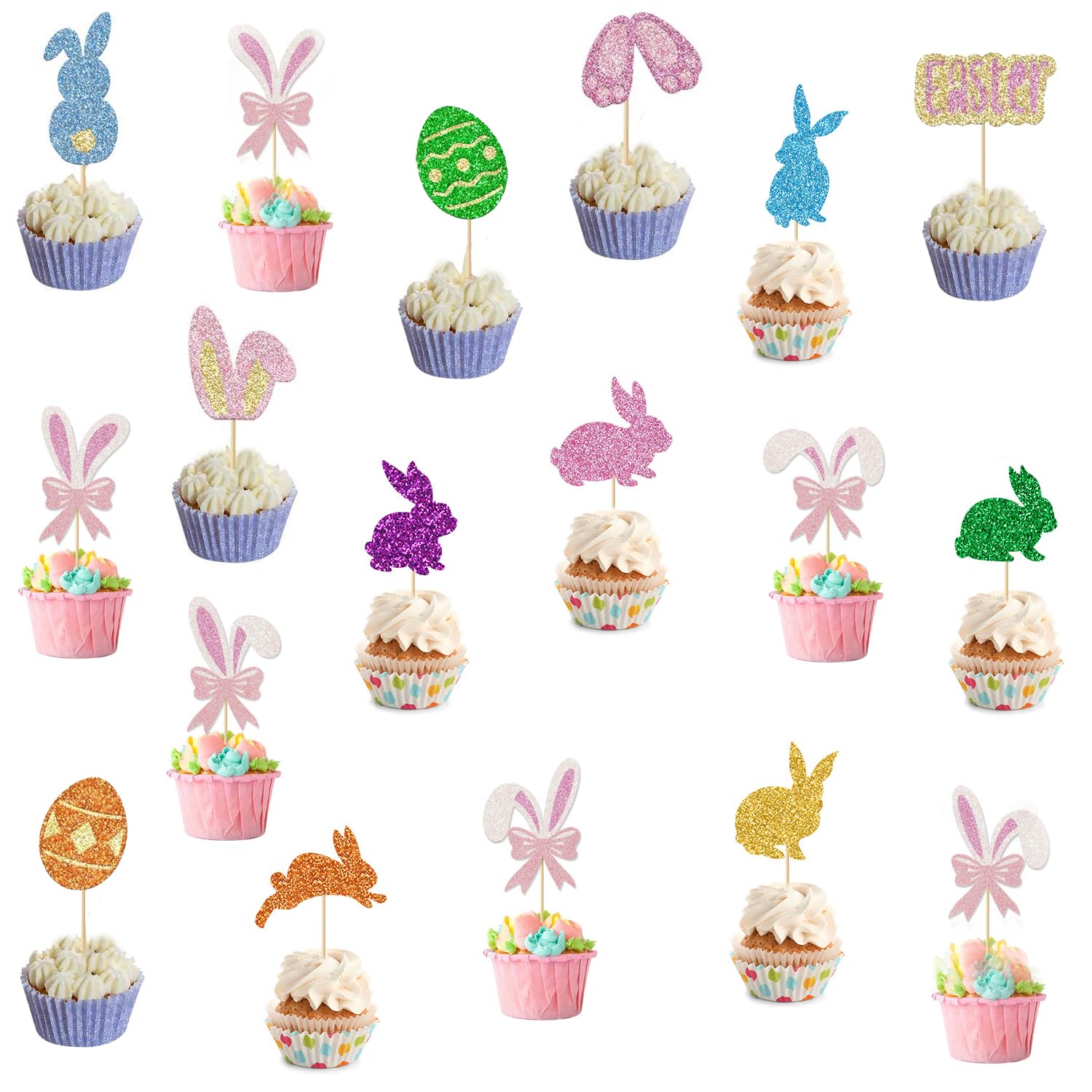 Clonynix 36 Pcs Easter Cupcake Toppers Picks Glitter Bunny Ear Rabbit Egg For Easter Day Theme Baby Shower Birthday Party Supplies