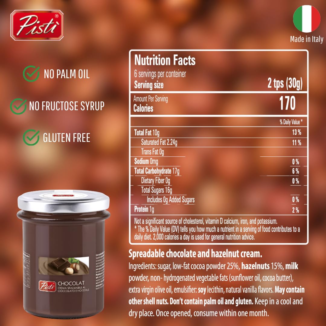 Pisti Chocolate And Hazelnut Spread – Enhanced Italian Chocolate Cream, Gluten-Free, No Palm Oil, 200G (7.05 Oz)