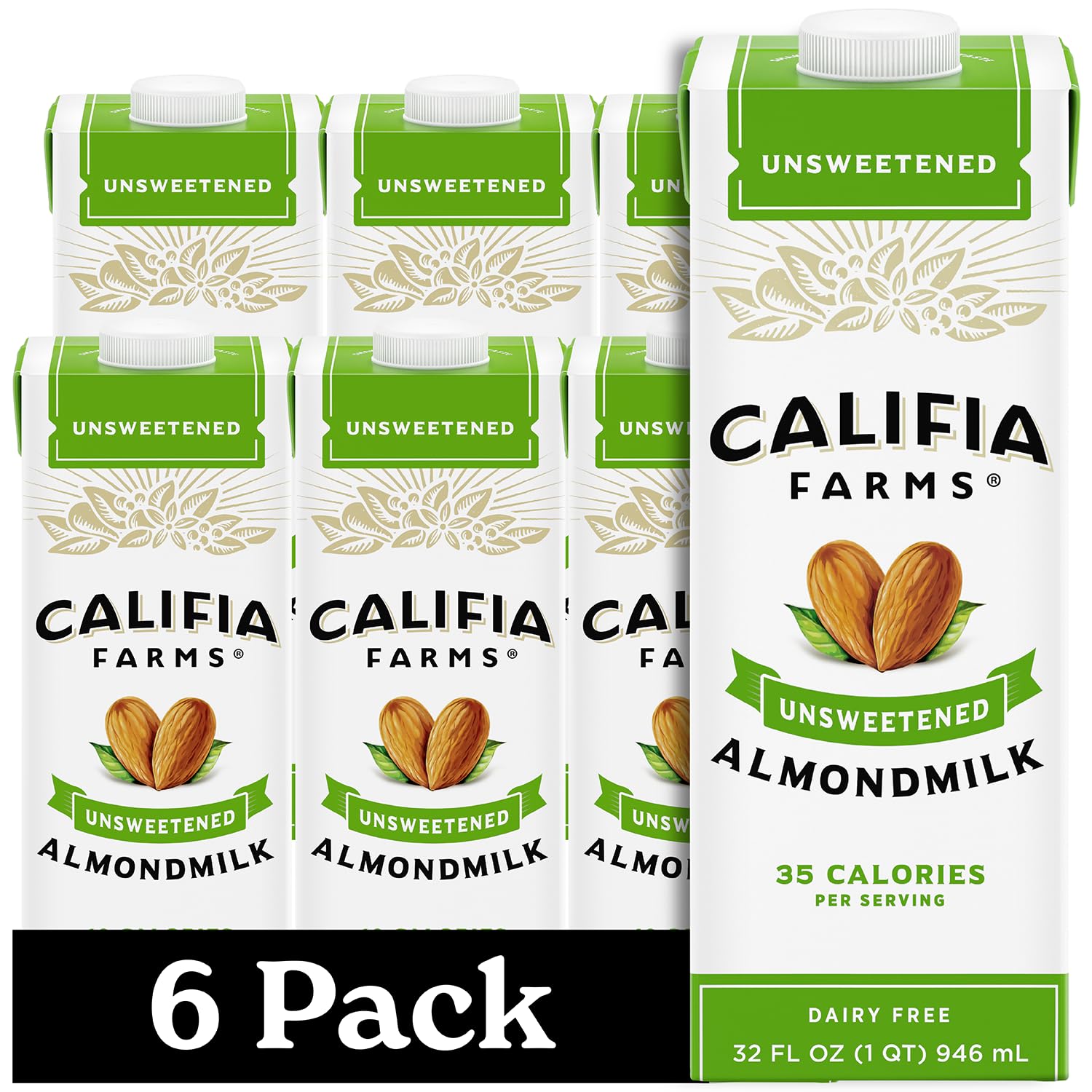 Califia Farms - Unsweetened Almond Milk, 32 Oz (Pack of 6), Dairy Free, Vegan, Plant Based, Keto Food, Shelf Stable, Vegan, Glut