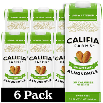 Califia Farms - Unsweetened Almond Milk, 32 Oz (Pack of 6), Dairy Free, Vegan, Plant Based, Keto Food, Shelf Stable, Vegan, Glut