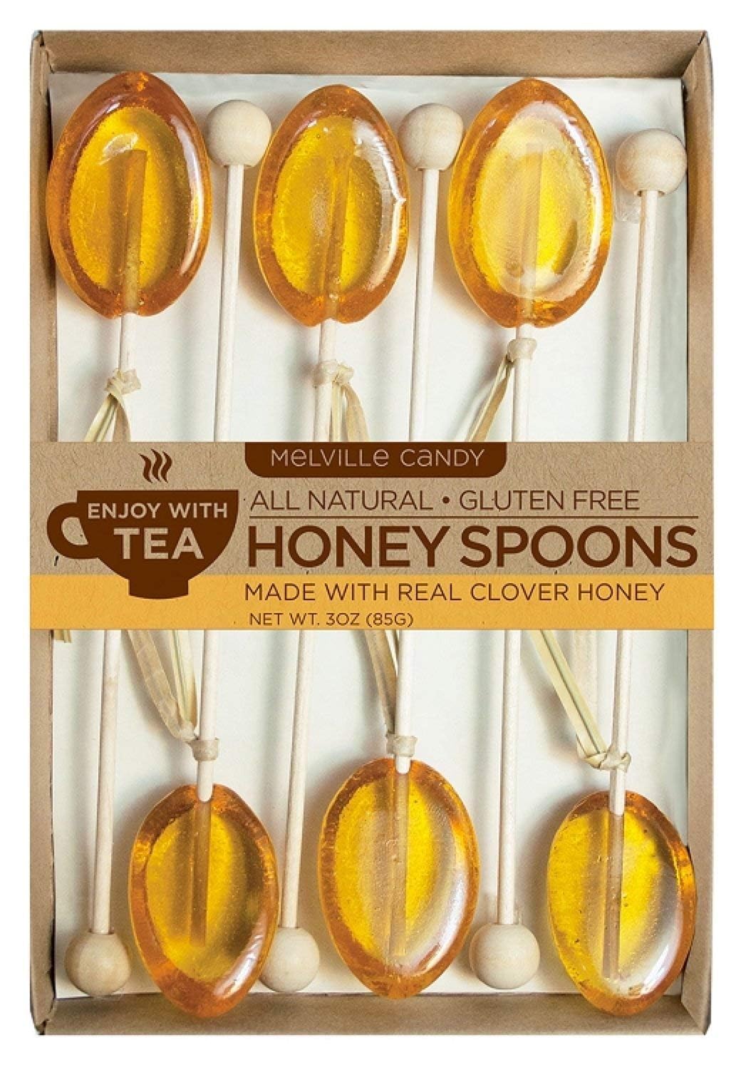 Melville Candy All Natural Honey Spoon Gift Set – Spoons & Lollipops on Wooden Ball Sticks – Gluten-Free, Made in USA Stirrers for Tea, Coffee, & Hot Beverages - Individually Wrapped (6-count, Clover Honey)