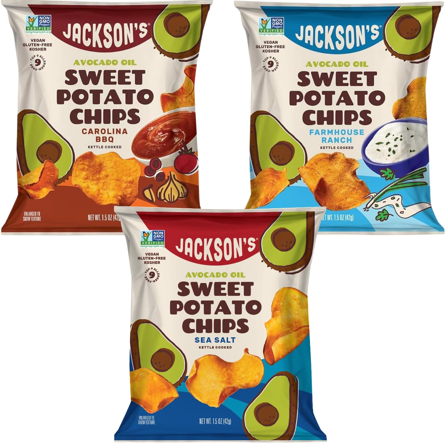 Jacksons Sweet Potato Kettle Chips Variety Pack, Sea Salt, Ranch, BBQ, 1.5 oz (Pack of 10), Gluten Free, Vegan
