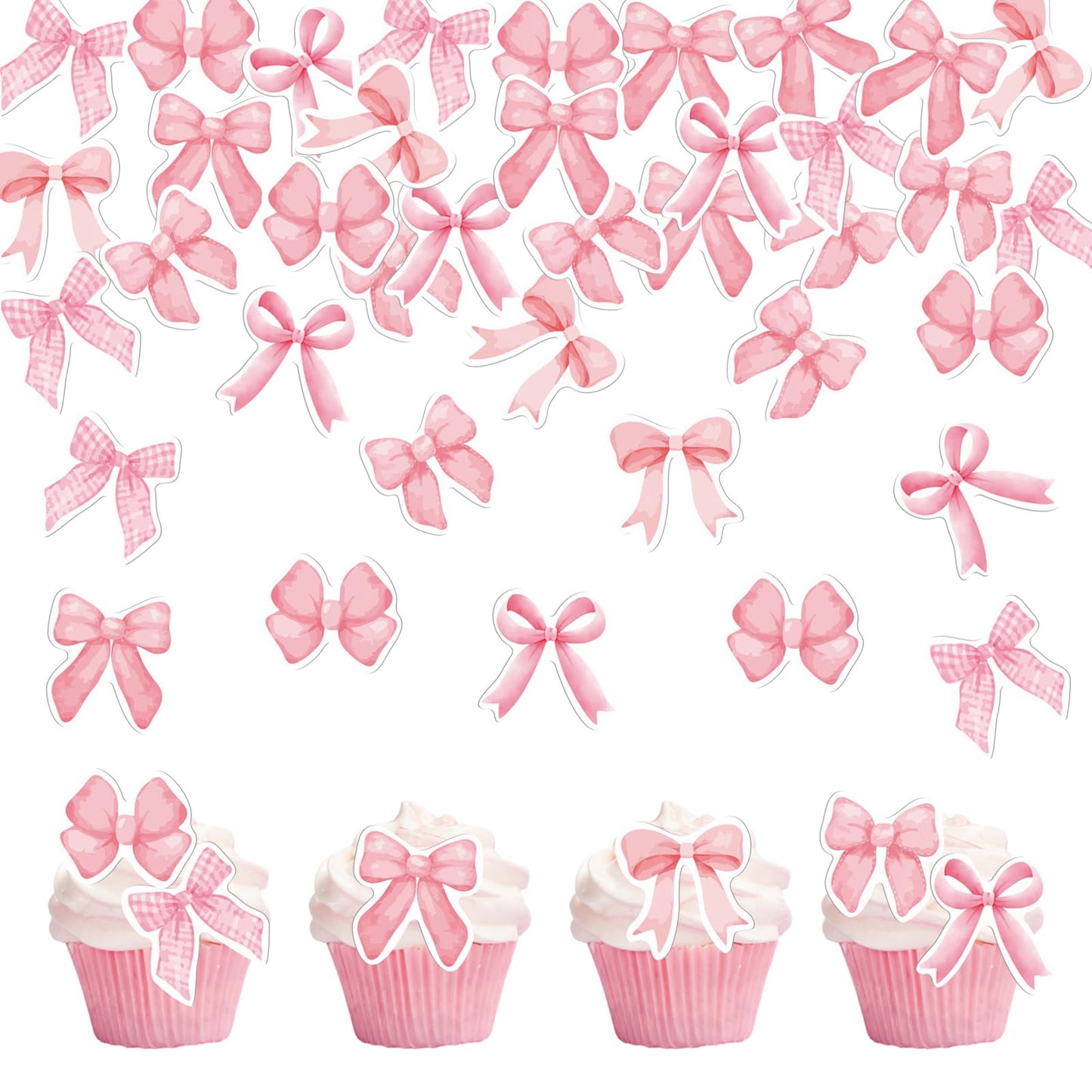 Fyeoxle 30Pcs Edible Bow Cupcake Toppers Wafer Paper Bowknot Cake Decoration She Is Trying The Knot Cupcake Toppers Edible Coquette Bows For Bow Theme Birthday Party Decoration Supplies (Pink)