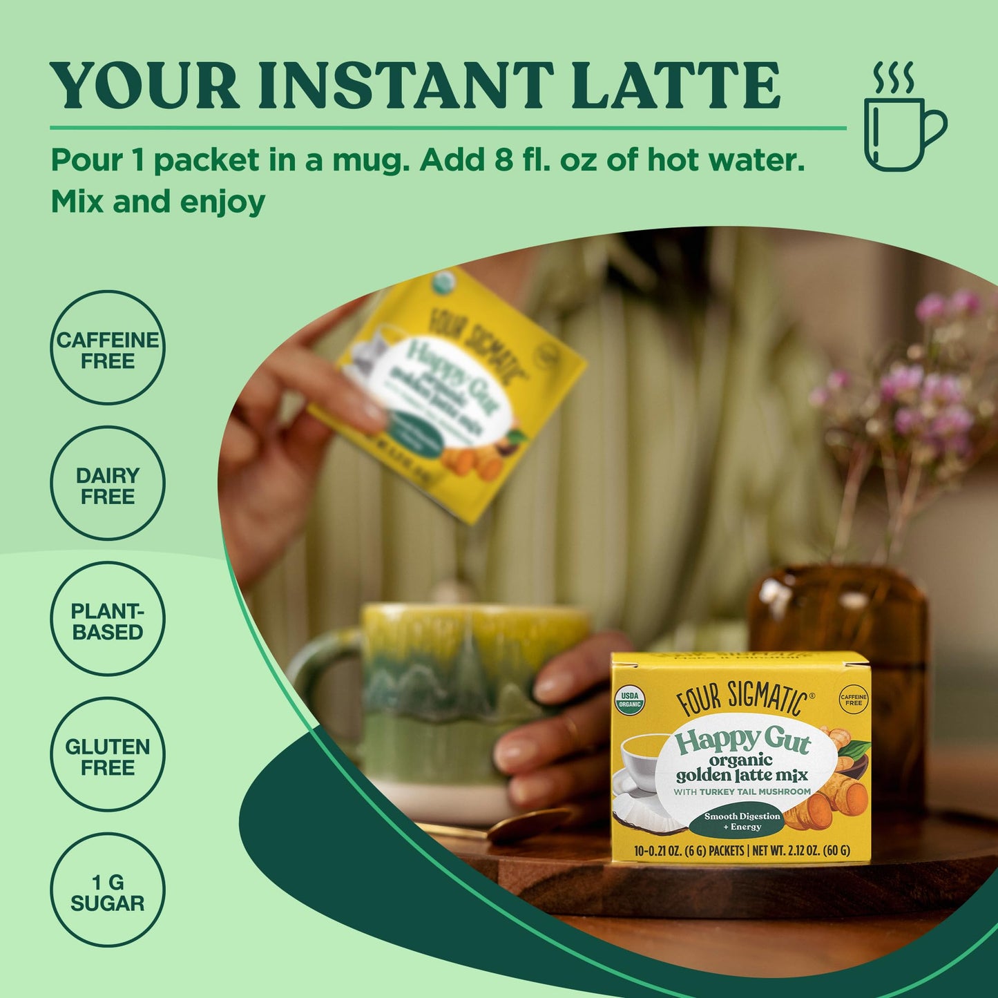 Four Sigmatic Golden Latte Mix with Turkey Tail, Turmeric & Coconut Milk, 10 Count, Decaf, Dairy-Free