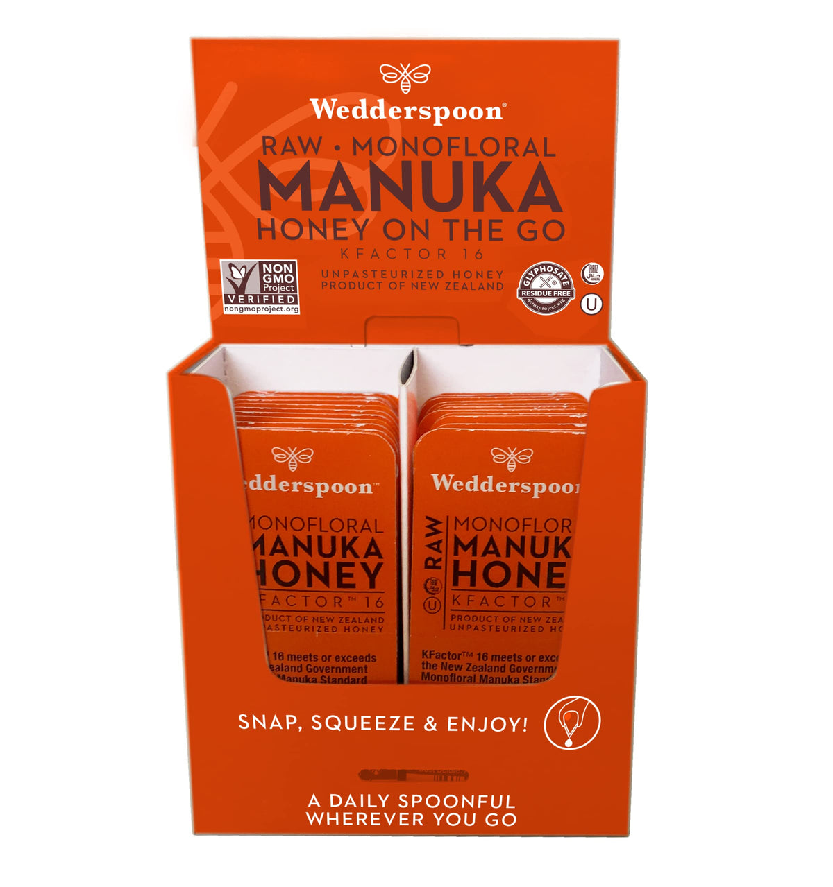 Wedderspoon Raw Manuka Honey KFactor 16, Unpasteurized, 4.2 Oz (24 Travel Packs), Genuine New Zealand Honey, Traceable Quality