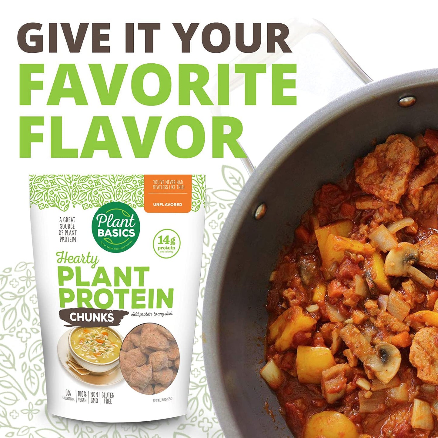 Plant Basics - Hearty Plant Protein - Unflavored Chunks, 1 Lb (Pack Of 6), Non-Gmo, Gluten Free, Low Fat, Low Sodium, Vegan, Mea