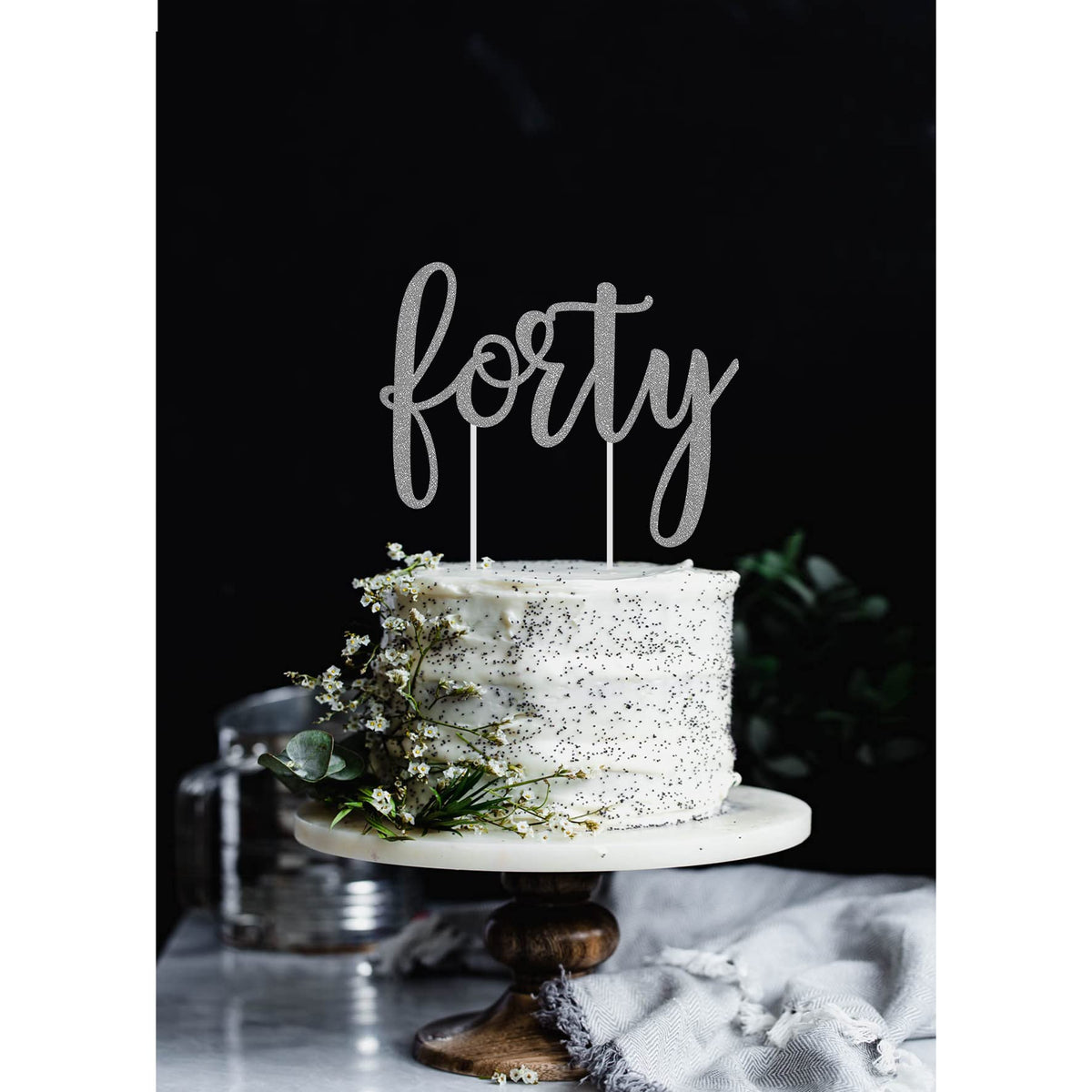 Silver Glitter 40Th Birthday Cake Topper, Forty Birthday Cake Topper For Celebrating Forty Years Old Anniversary/Birthday Party