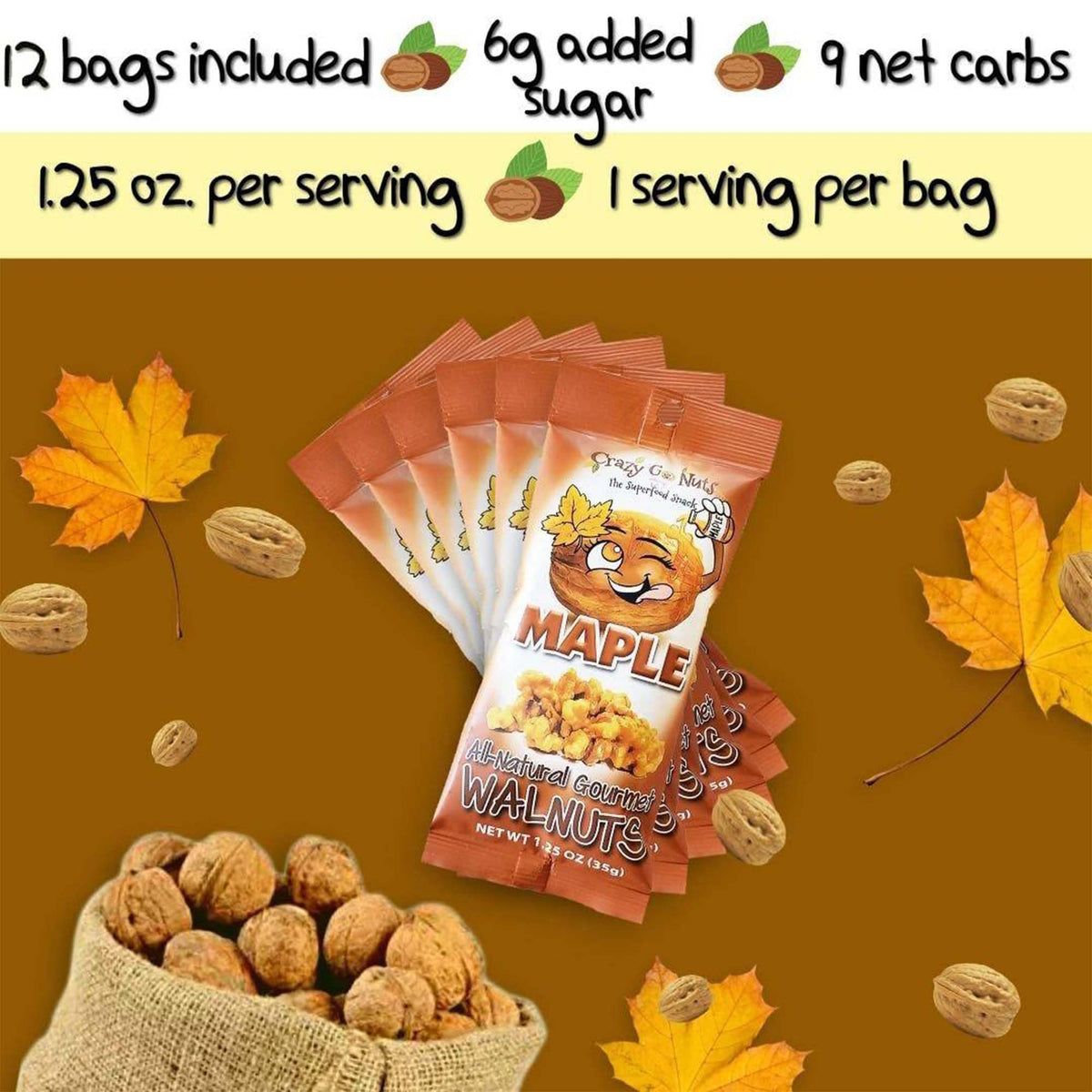 Crazy Go Nuts Maple Walnuts - Glazed Walnuts For Snacking, Candied Walnut Pieces Bulk, Individual Packs, Natural Source Of Omega