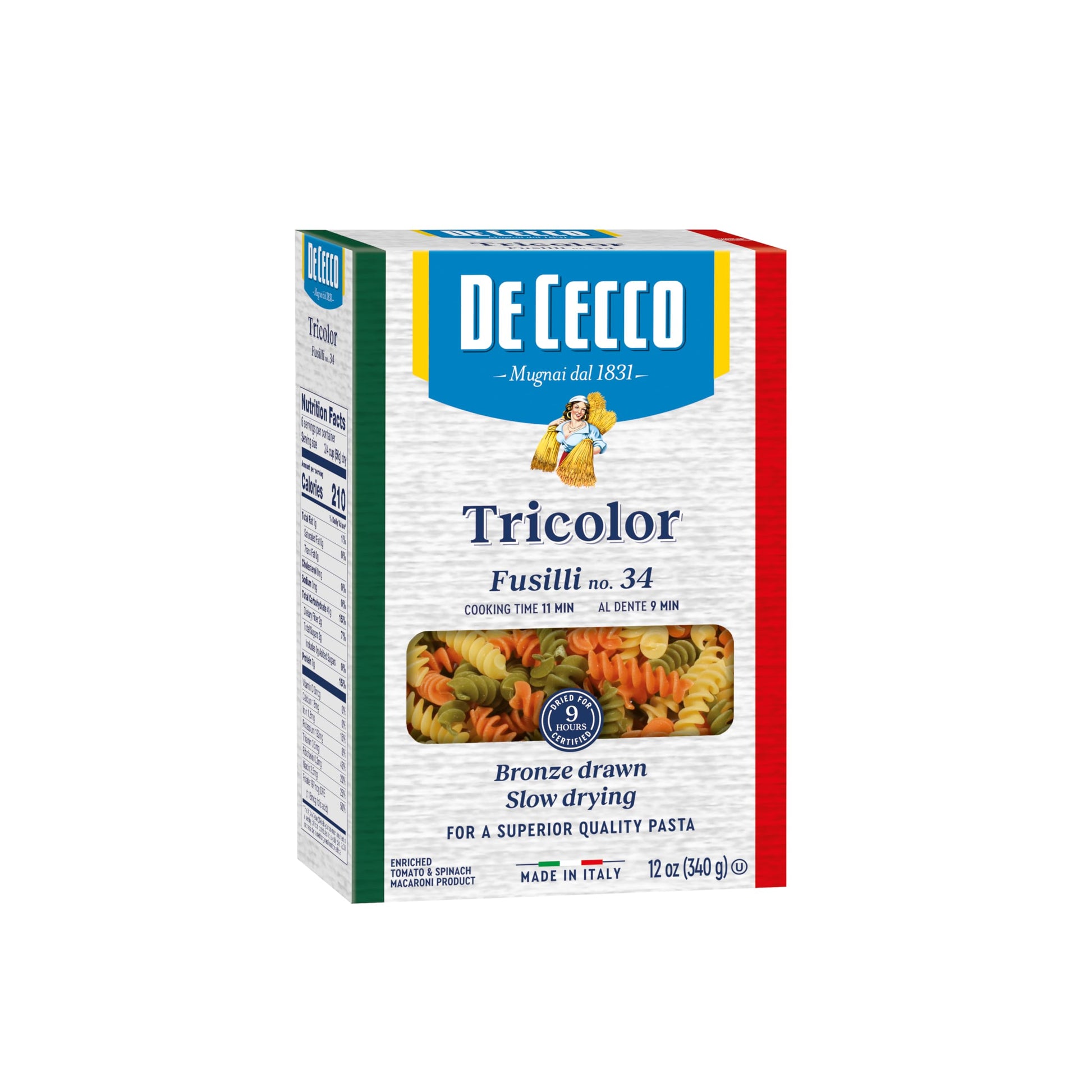 De Cecco Pasta, Tricolor Fusilli No.34, 12 OZ (Pack of 12) - Made in Italy High in Protein & Iron, Bronze die