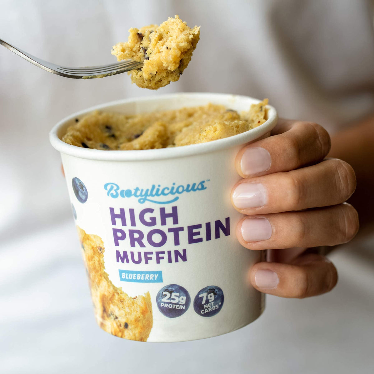 Bootylicious | High-Protein Muffin | 25g Protein, 7g Net Carbs, 2.32-2.75oz Cup, 12-Pack (Blueberry)